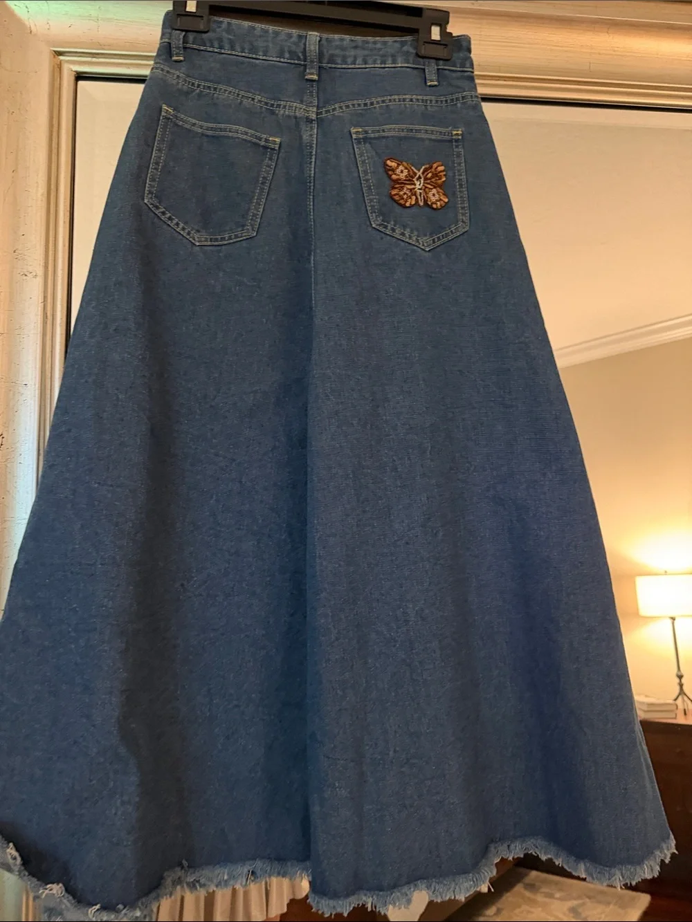 Blue Denim Maxi Skirt with Brown Floral Patch Embellishment